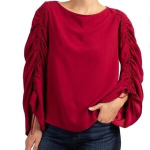 Trina Turk Dressy Blouse, Ruched Bell Statement Sleeves, Cherry Red, Size S